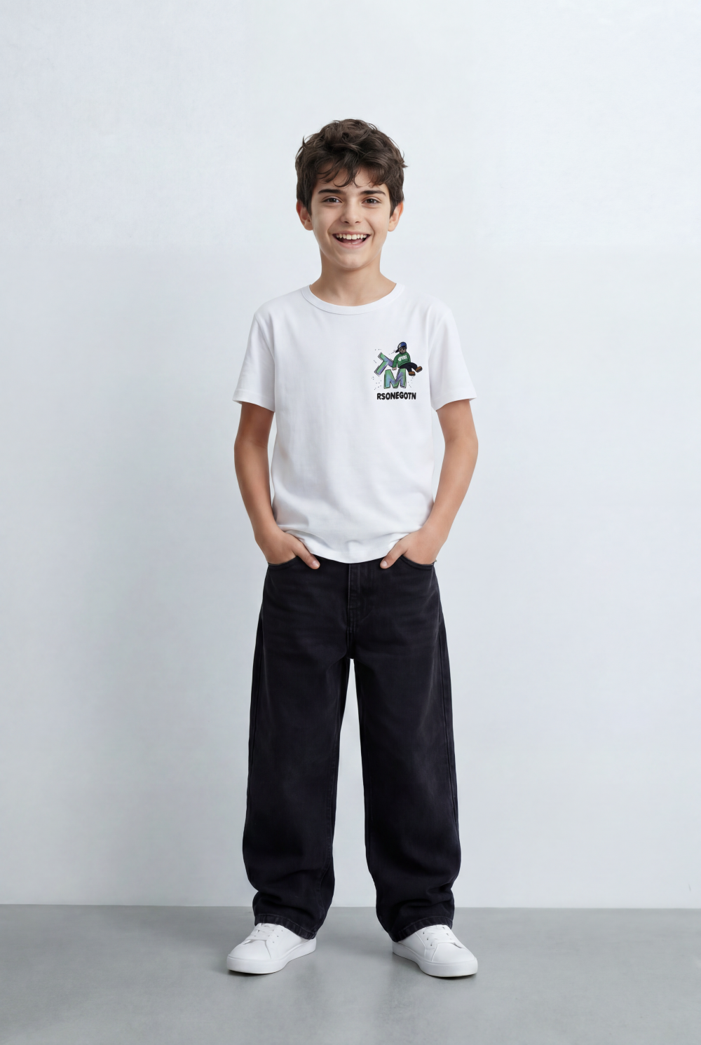 Boy's Back Graphic T-Shirt With Cheerful Artwork Print Crew Neck Slim Fit