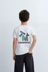 Boy's Back Graphic T-Shirt With Cheerful Artwork Print Crew Neck Slim Fit