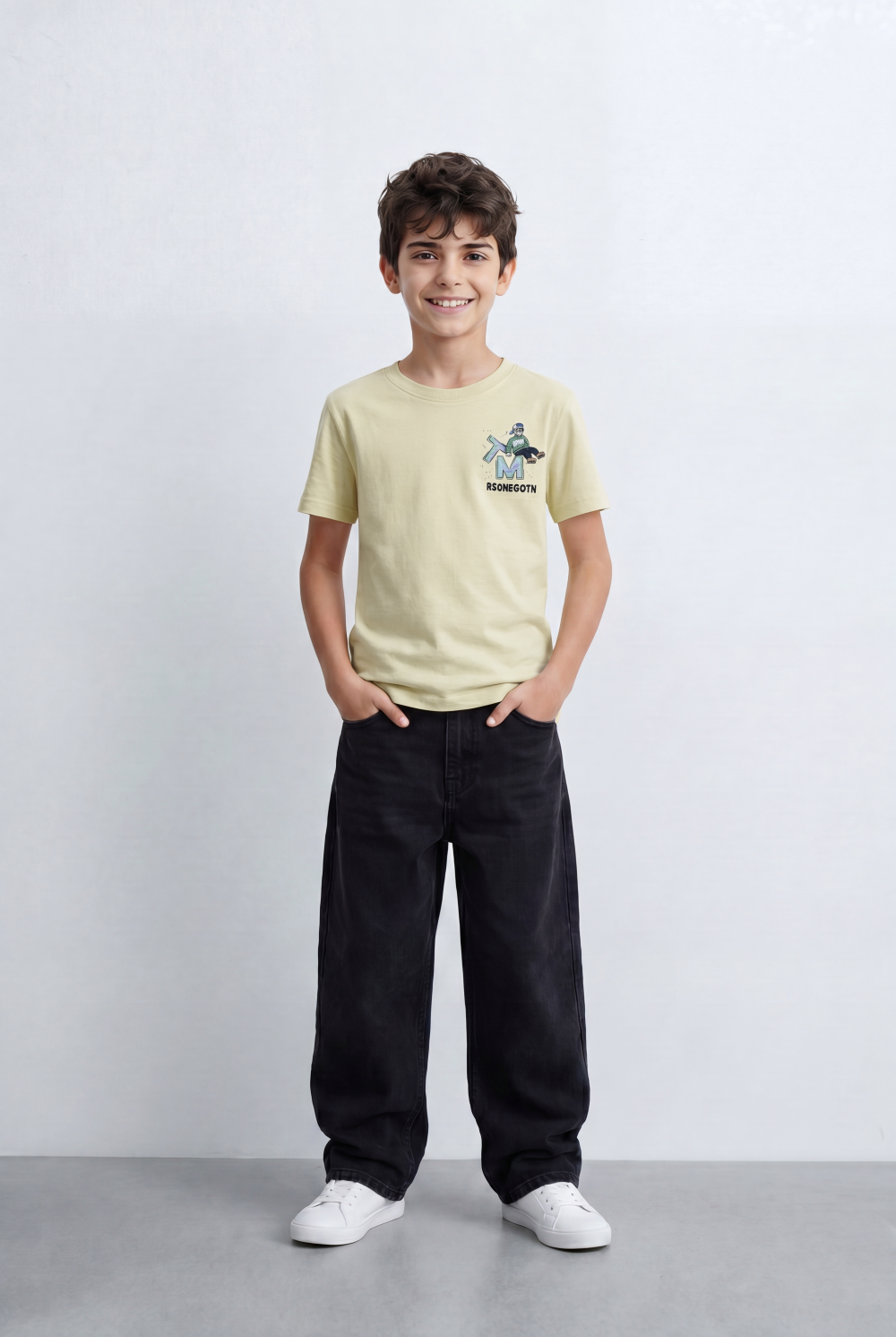 Boy's Back Graphic T-Shirt With Cheerful Artwork Print Crew Neck Slim Fit