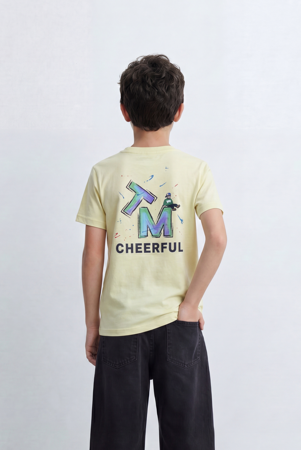 Boy's Back Graphic T-Shirt With Cheerful Artwork Print Crew Neck Slim Fit