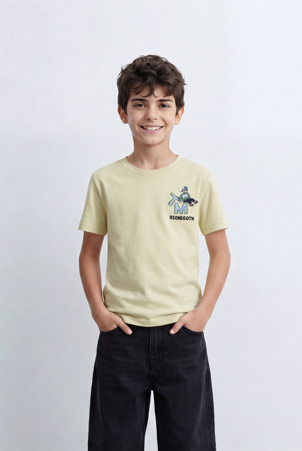 Boy's Back Graphic T-Shirt With Cheerful Artwork Print Crew Neck Slim Fit