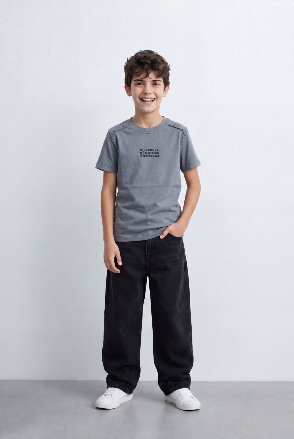 Boy's Graphic T-Shirt Featuring Clean Numeric Inspired Front Print Detailed Shoulder Stitching