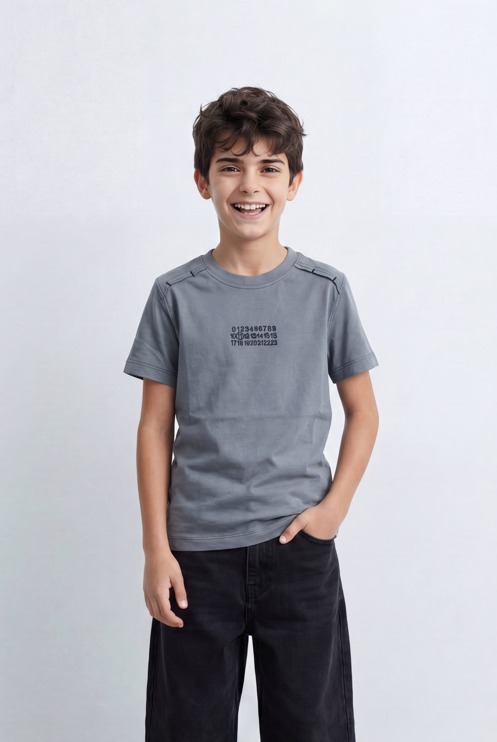 Boy's Graphic T-Shirt Featuring Clean Numeric Inspired Front Print Detailed Shoulder Stitching