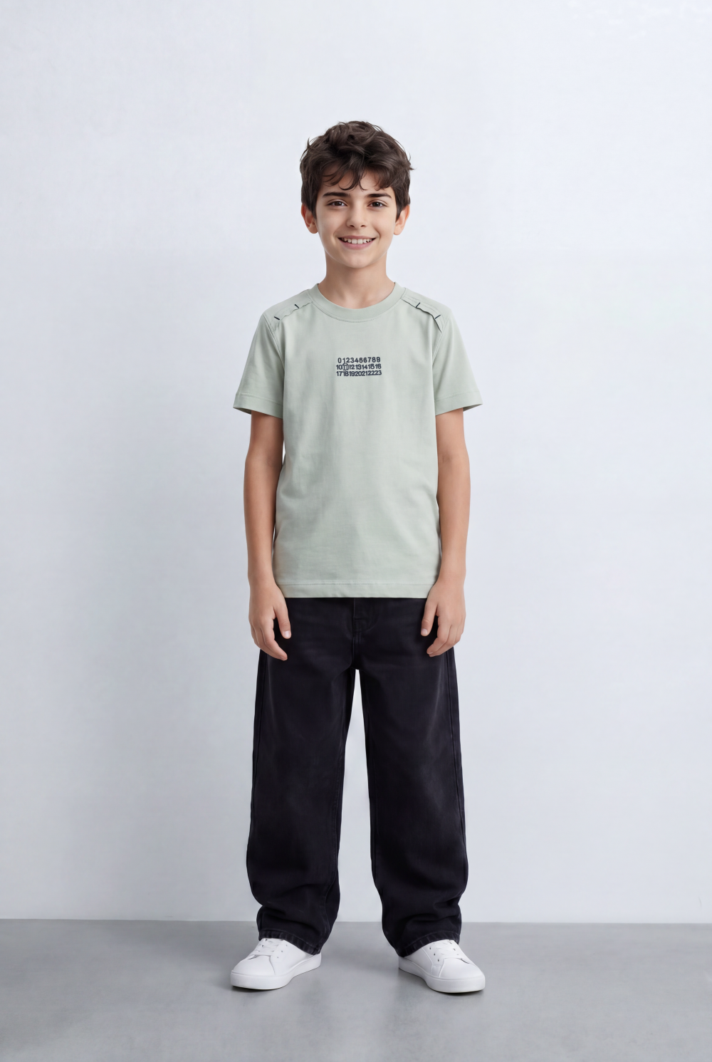 Boy's Graphic T-Shirt Featuring Clean Numeric Inspired Front Print Detailed Shoulder Stitching