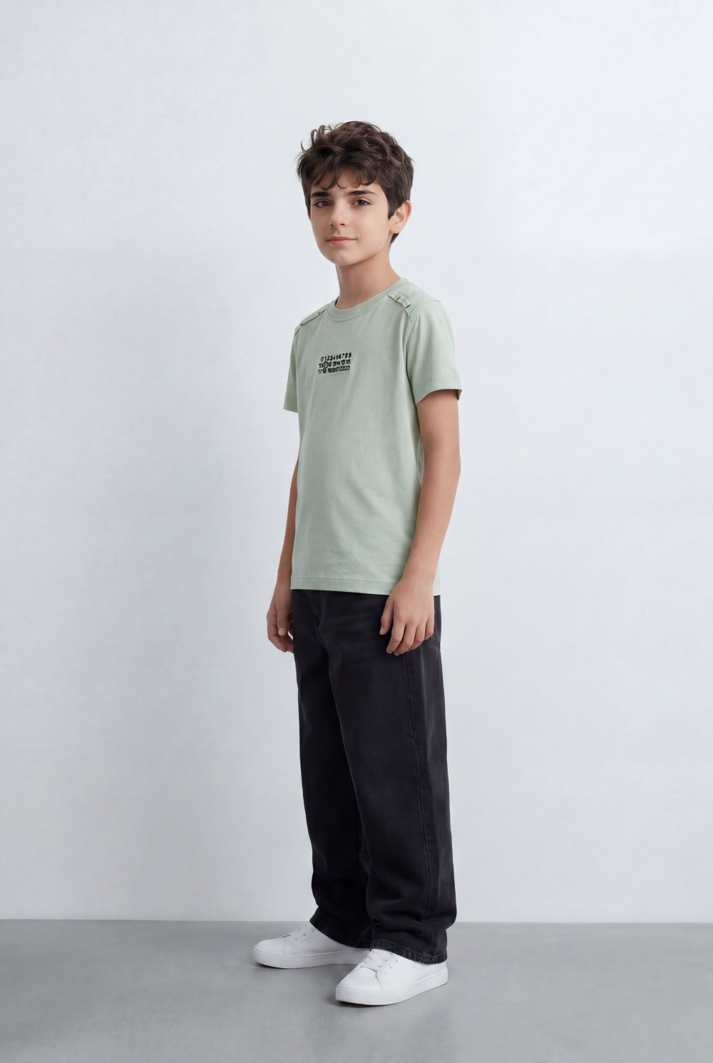 Boy's Graphic T-Shirt Featuring Clean Numeric Inspired Front Print Detailed Shoulder Stitching
