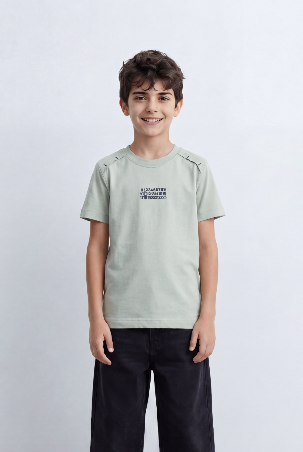 Boy's Graphic T-Shirt Featuring Clean Numeric Inspired Front Print Detailed Shoulder Stitching