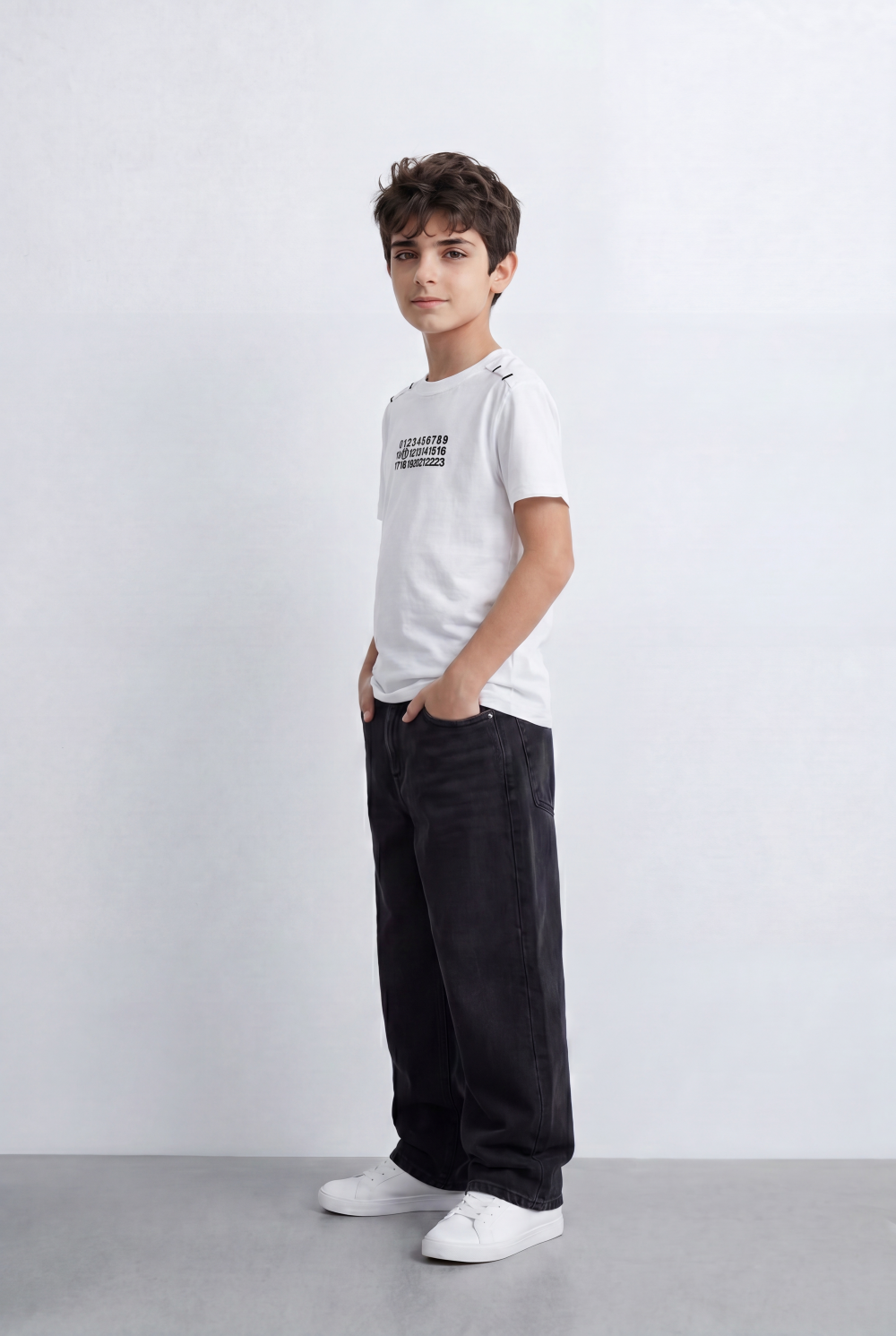 Boy's Graphic T-Shirt Featuring Clean Numeric Inspired Front Print Detailed Shoulder Stitching