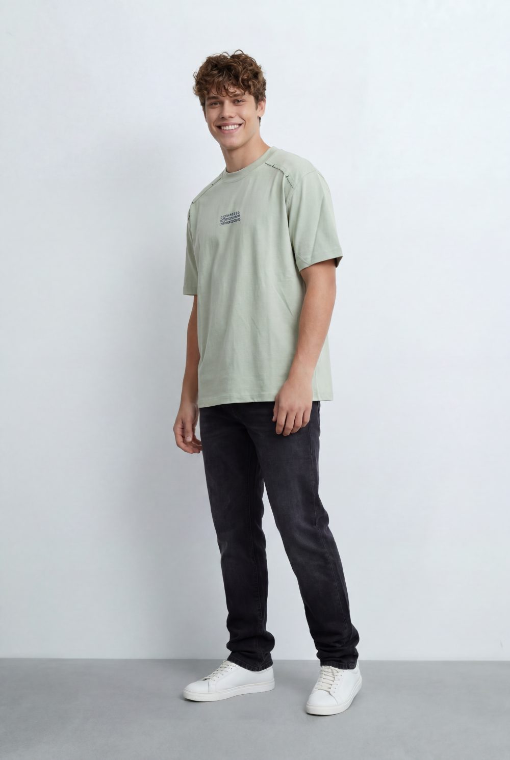 Men’s Tomato Store Graphic T-Shirt Numeric Chest Print Utility Inspired Shoulder Seam Details
