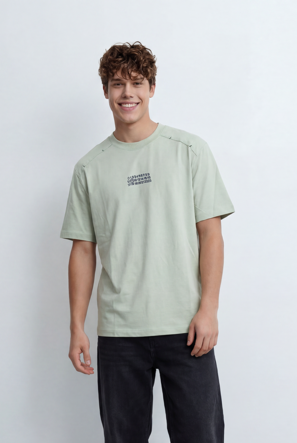 Men’s Tomato Store Graphic T-Shirt Numeric Chest Print Utility Inspired Shoulder Seam Details