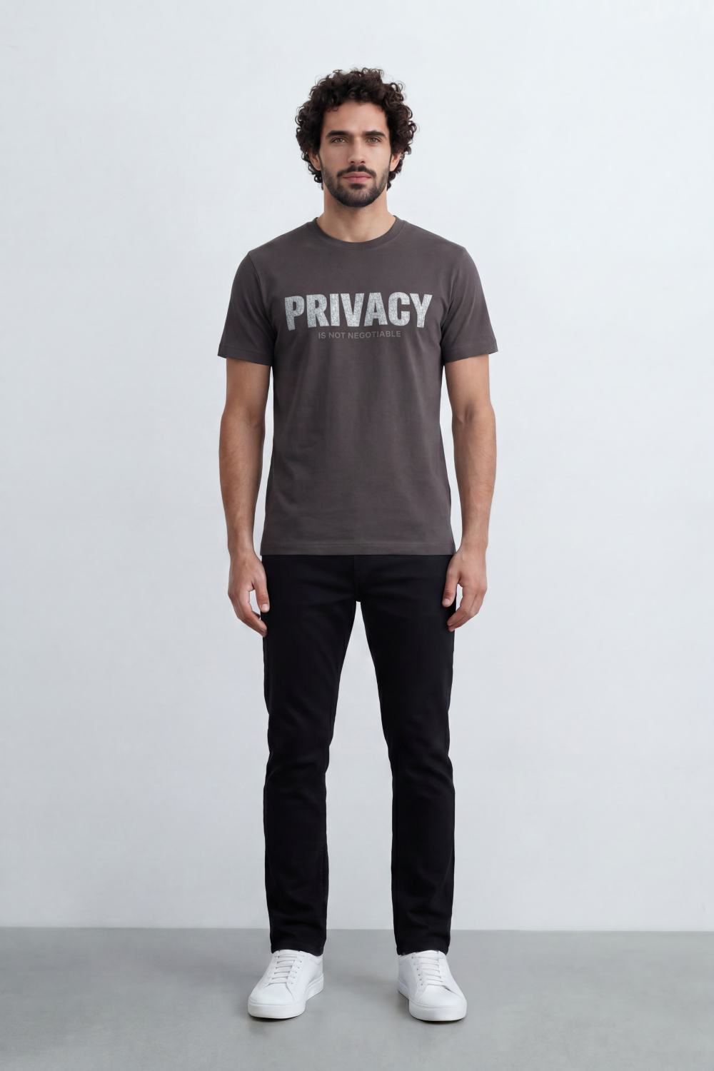 Men’s Tomato Store Privacy Statement Graphic T-Shirt Front Bold Typography Print Distressed Lettering Slim Fit