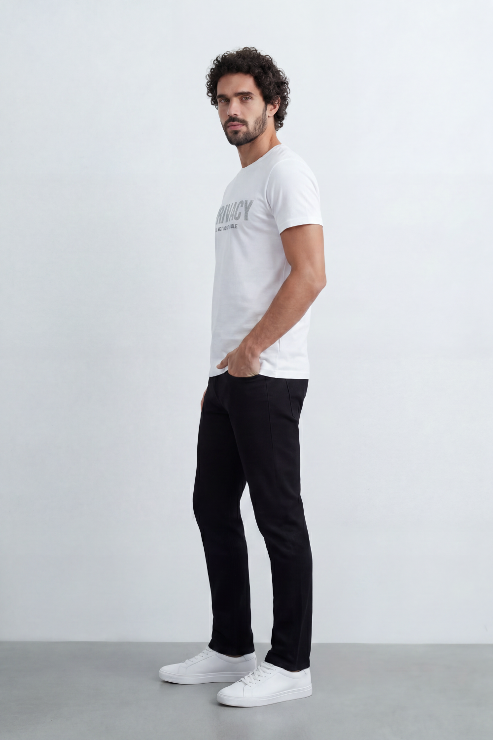 Men’s Tomato Store Privacy Statement Graphic T-Shirt Front Bold Typography Print Distressed Lettering Slim Fit