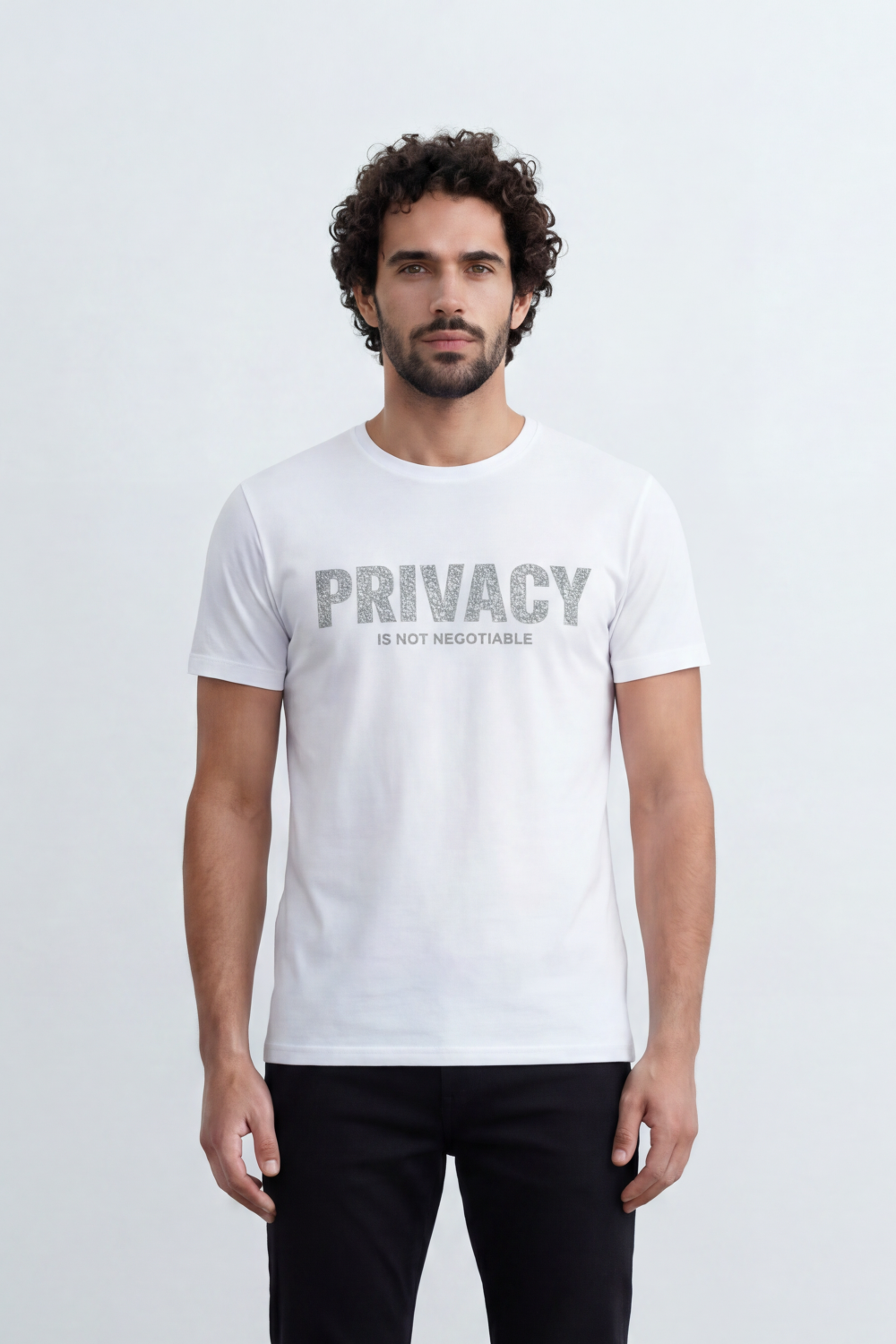 Men’s Tomato Store Privacy Statement Graphic T-Shirt Front Bold Typography Print Distressed Lettering Slim Fit