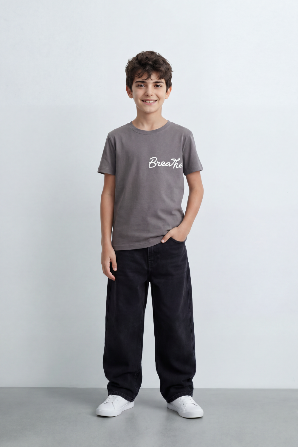 Boy's Tomato Store Breathe Deeply T-Shirt Knit Fabric Featuring Front Script Typography Print Lower Back Script Slim Fit