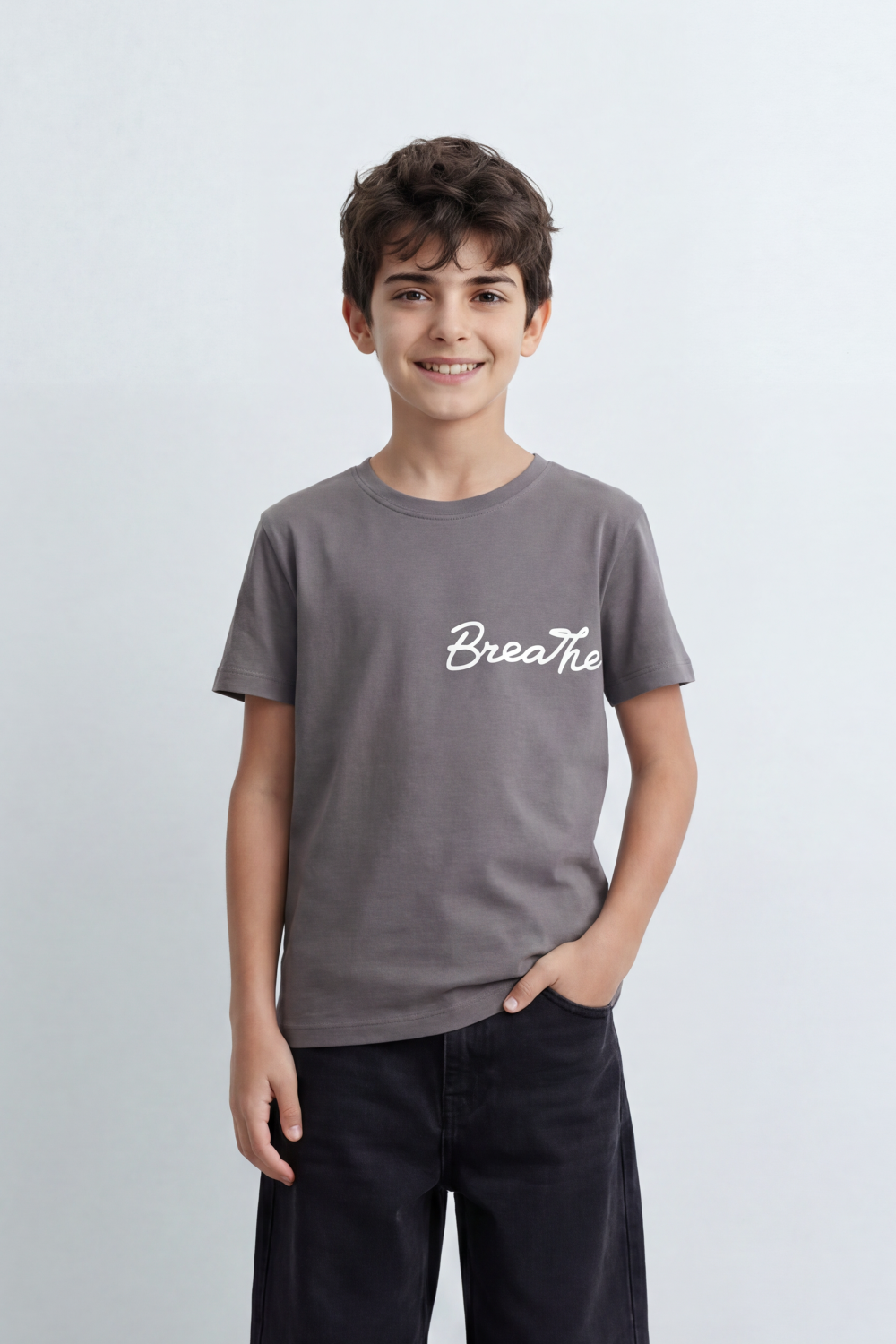 Boy's Tomato Store Breathe Deeply T-Shirt Knit Fabric Featuring Front Script Typography Print Lower Back Script Slim Fit