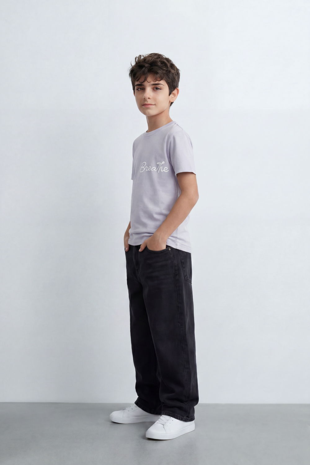 Boy's Tomato Store Breathe Deeply T-Shirt Knit Fabric Featuring Front Script Typography Print Lower Back Script Slim Fit