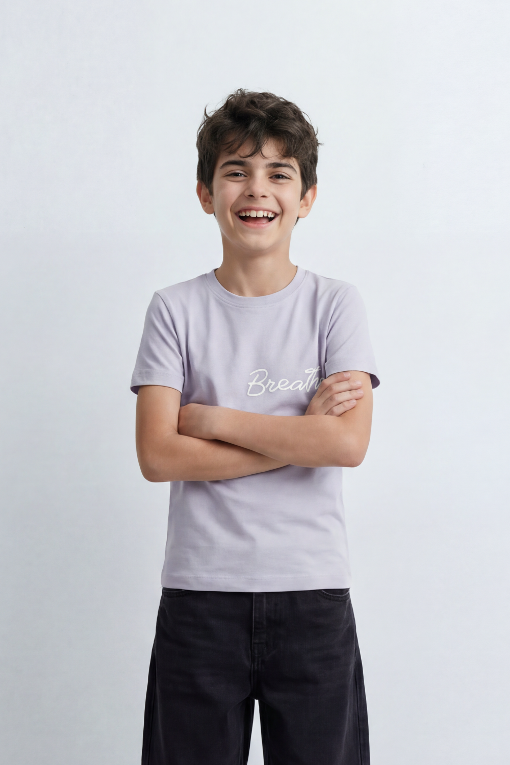 Boy's Tomato Store Breathe Deeply T-Shirt Knit Fabric Featuring Front Script Typography Print Lower Back Script Slim Fit