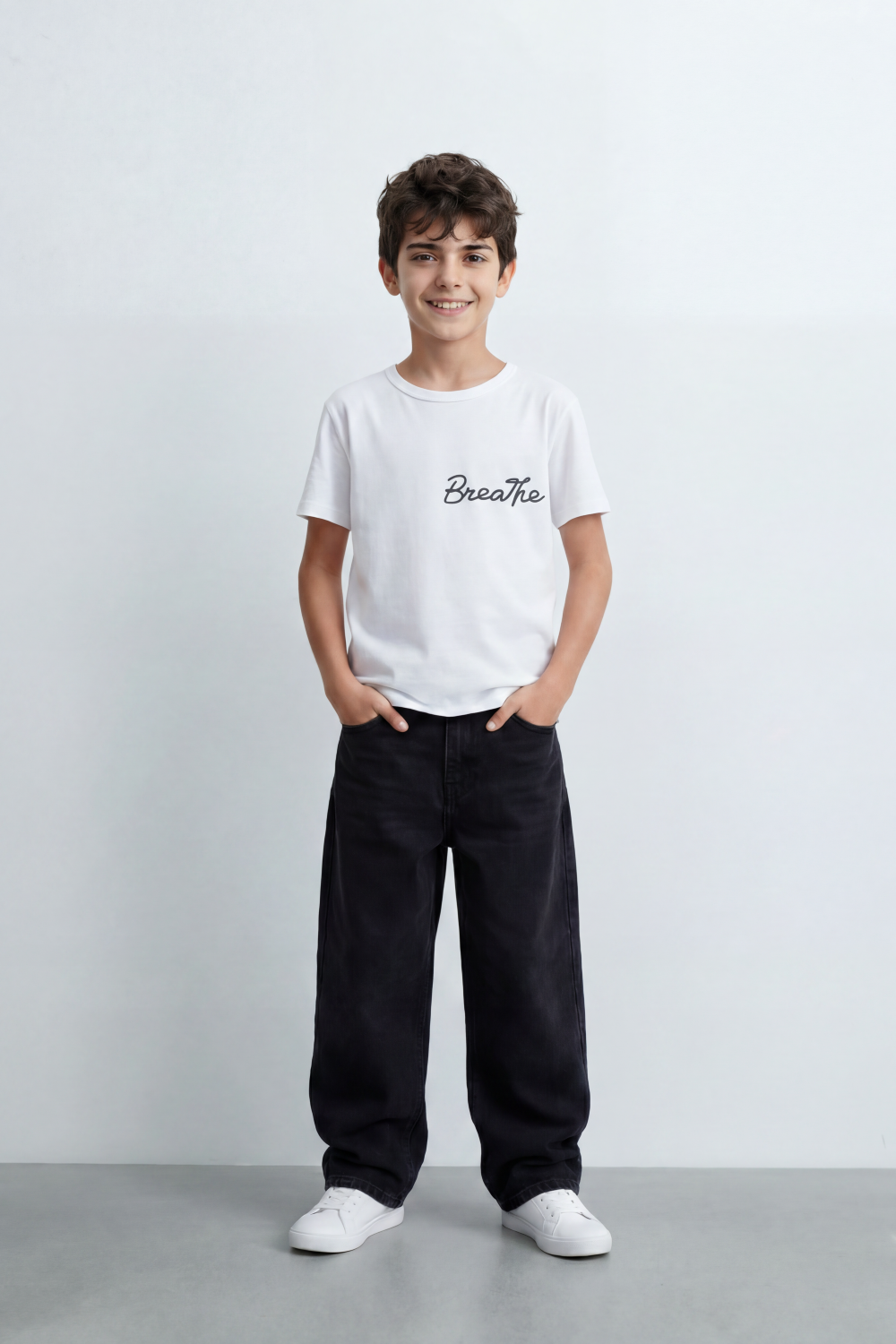 Boy's Tomato Store Breathe Deeply T-Shirt Knit Fabric Featuring Front Script Typography Print Lower Back Script Slim Fit