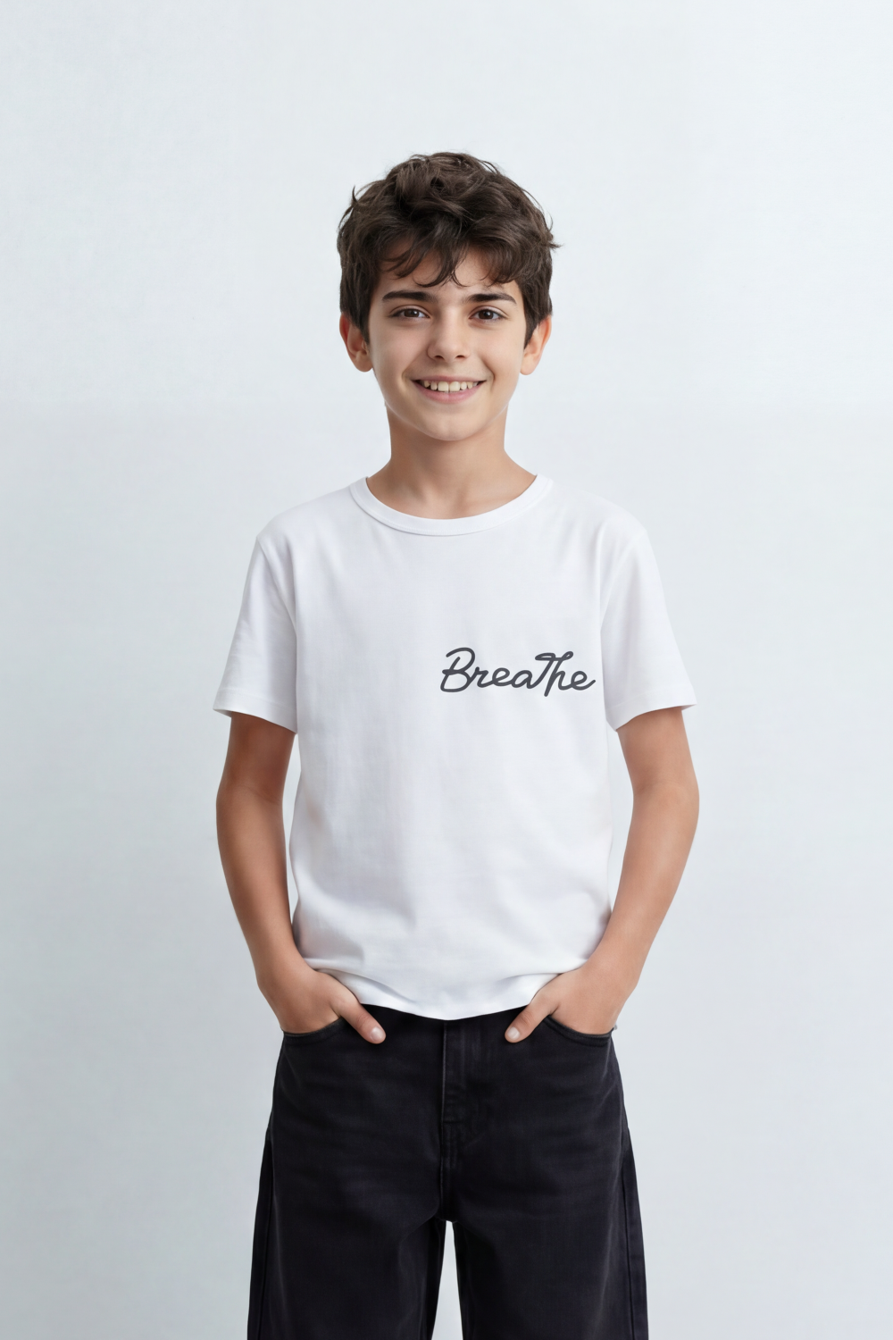 Boy's Tomato Store Breathe Deeply T-Shirt Knit Fabric Featuring Front Script Typography Print Lower Back Script Slim Fit