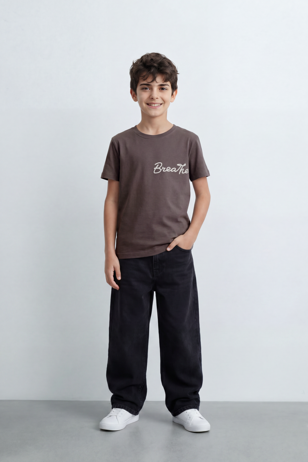 Boy's Tomato Store Breathe Deeply T-Shirt Knit Fabric Featuring Front Script Typography Print Lower Back Script Slim Fit