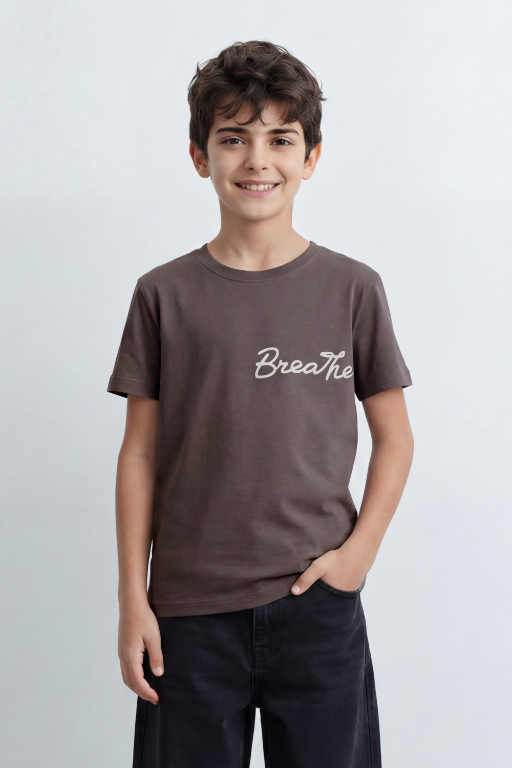 Boy's Tomato Store Breathe Deeply T-Shirt Knit Fabric Featuring Front Script Typography Print Lower Back Script Slim Fit