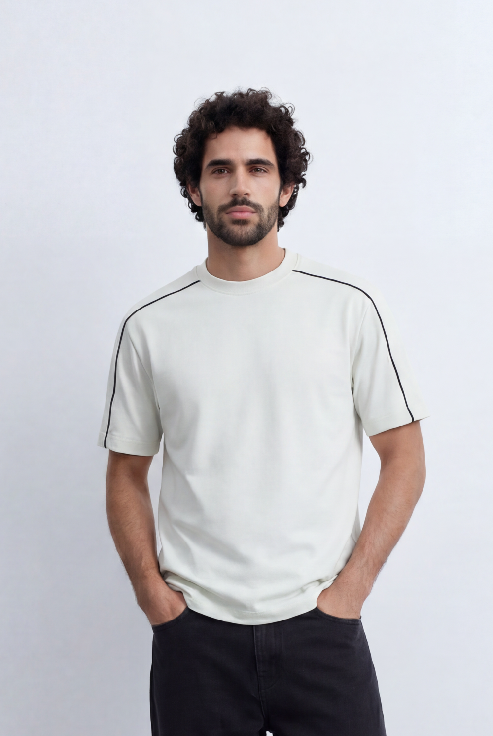 Men’s Tomato Store Minimal Contrast Trim T-Shirt Clean Athletic Inspired Design Shoulder Piping Detail