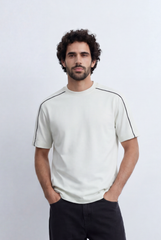Men’s Tomato Store Minimal Contrast Trim T-Shirt Clean Athletic Inspired Design Shoulder Piping Detail