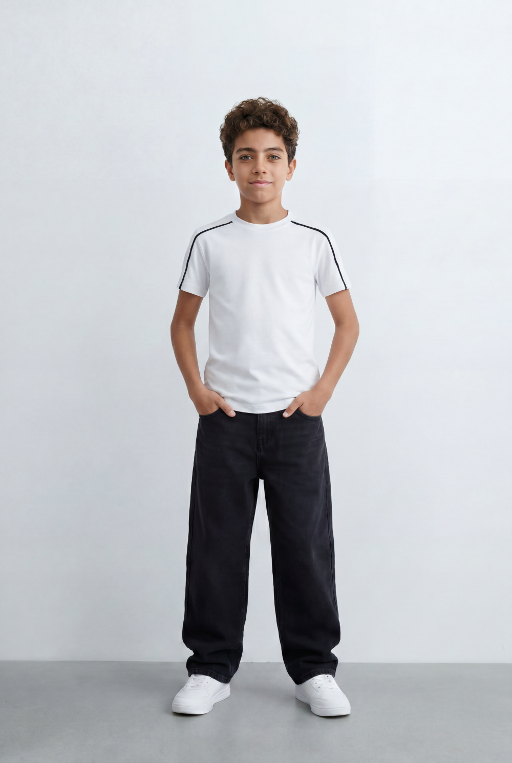 Boy's Tomato Store Minimal Contrast Trim T-Shirt Clean Athletic Inspired Design Shoulder Piping Detail