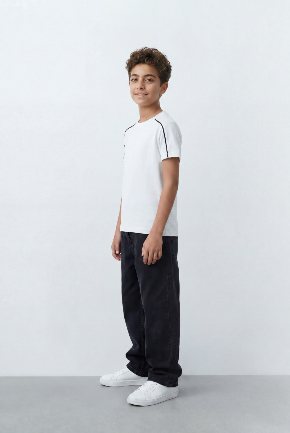 Boy's Tomato Store Minimal Contrast Trim T-Shirt Clean Athletic Inspired Design Shoulder Piping Detail