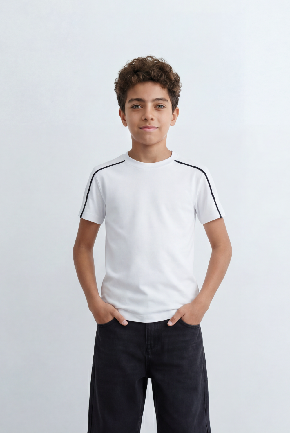 Boy's Tomato Store Minimal Contrast Trim T-Shirt Clean Athletic Inspired Design Shoulder Piping Detail