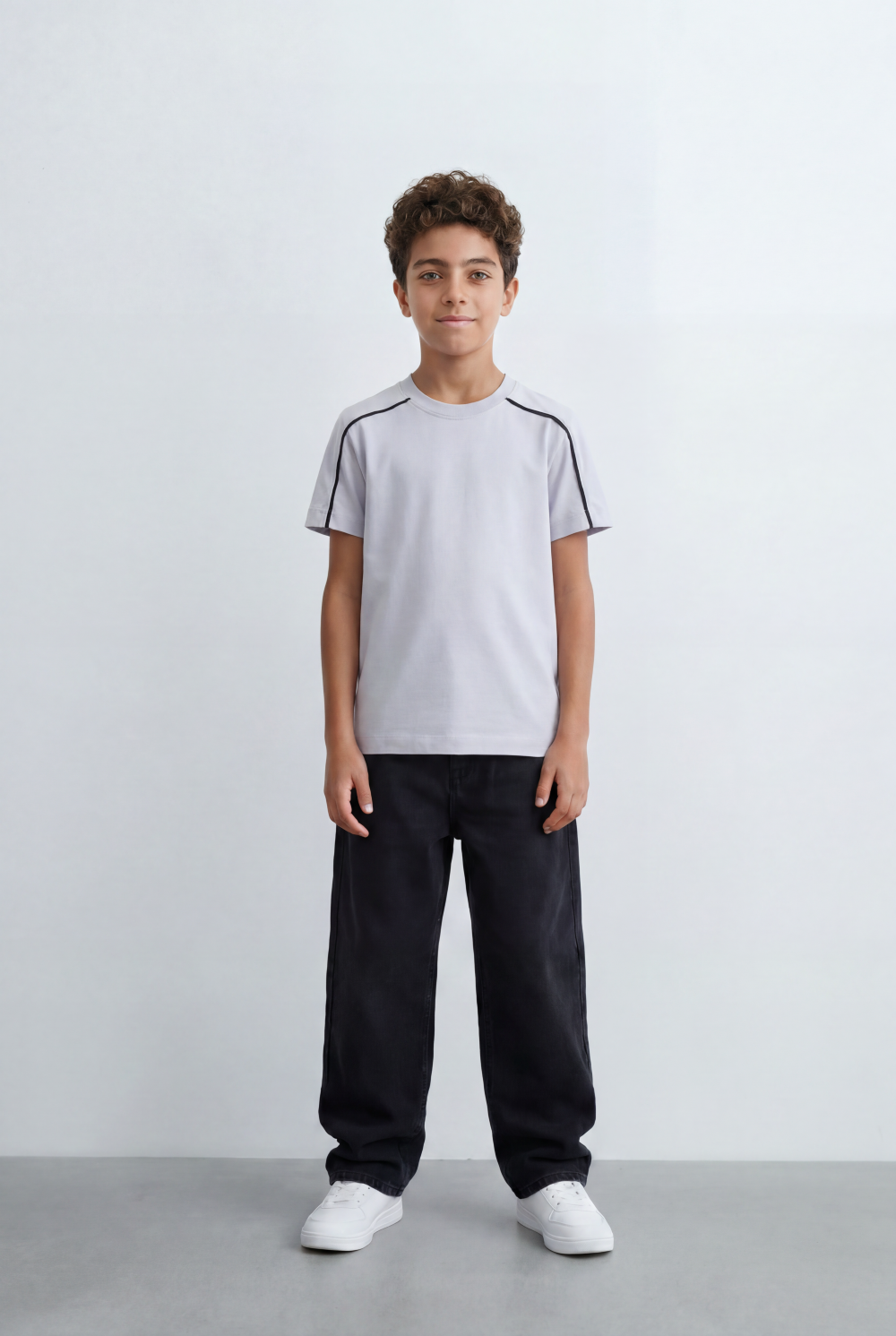 Boy's Tomato Store Minimal Contrast Trim T-Shirt Clean Athletic Inspired Design Shoulder Piping Detail