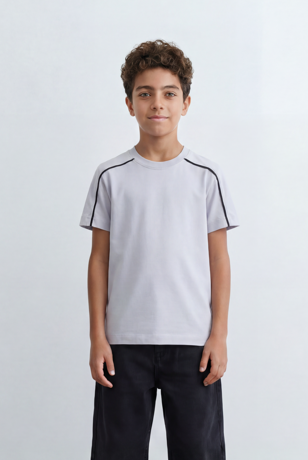 Boy's Tomato Store Minimal Contrast Trim T-Shirt Clean Athletic Inspired Design Shoulder Piping Detail