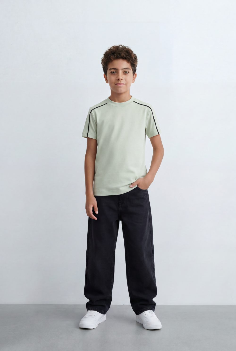 Boy's Tomato Store Minimal Contrast Trim T-Shirt Clean Athletic Inspired Design Shoulder Piping Detail