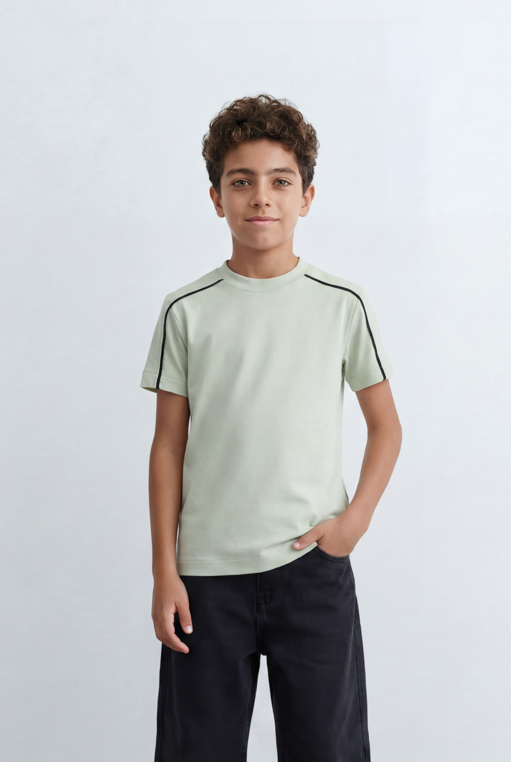 Boy's Tomato Store Minimal Contrast Trim T-Shirt Clean Athletic Inspired Design Shoulder Piping Detail