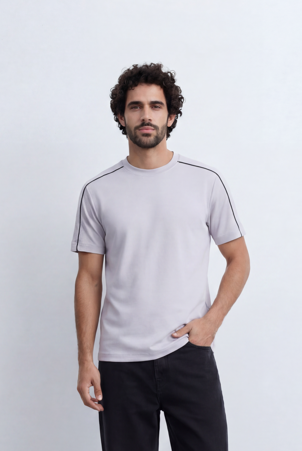 Men’s Tomato Store Minimal Contrast Trim T-Shirt Clean Athletic Inspired Design Shoulder Piping Detail