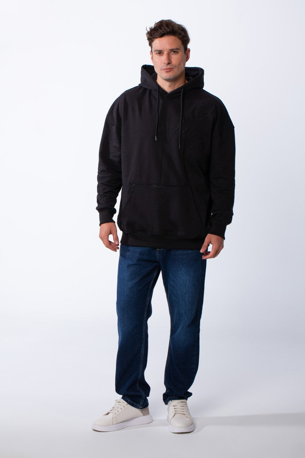 Men's Kangaroo Pockets Long Sleeves With Warp-Around Puff Text Print Comfy Regular Fit Hood Melton Sweatshirt