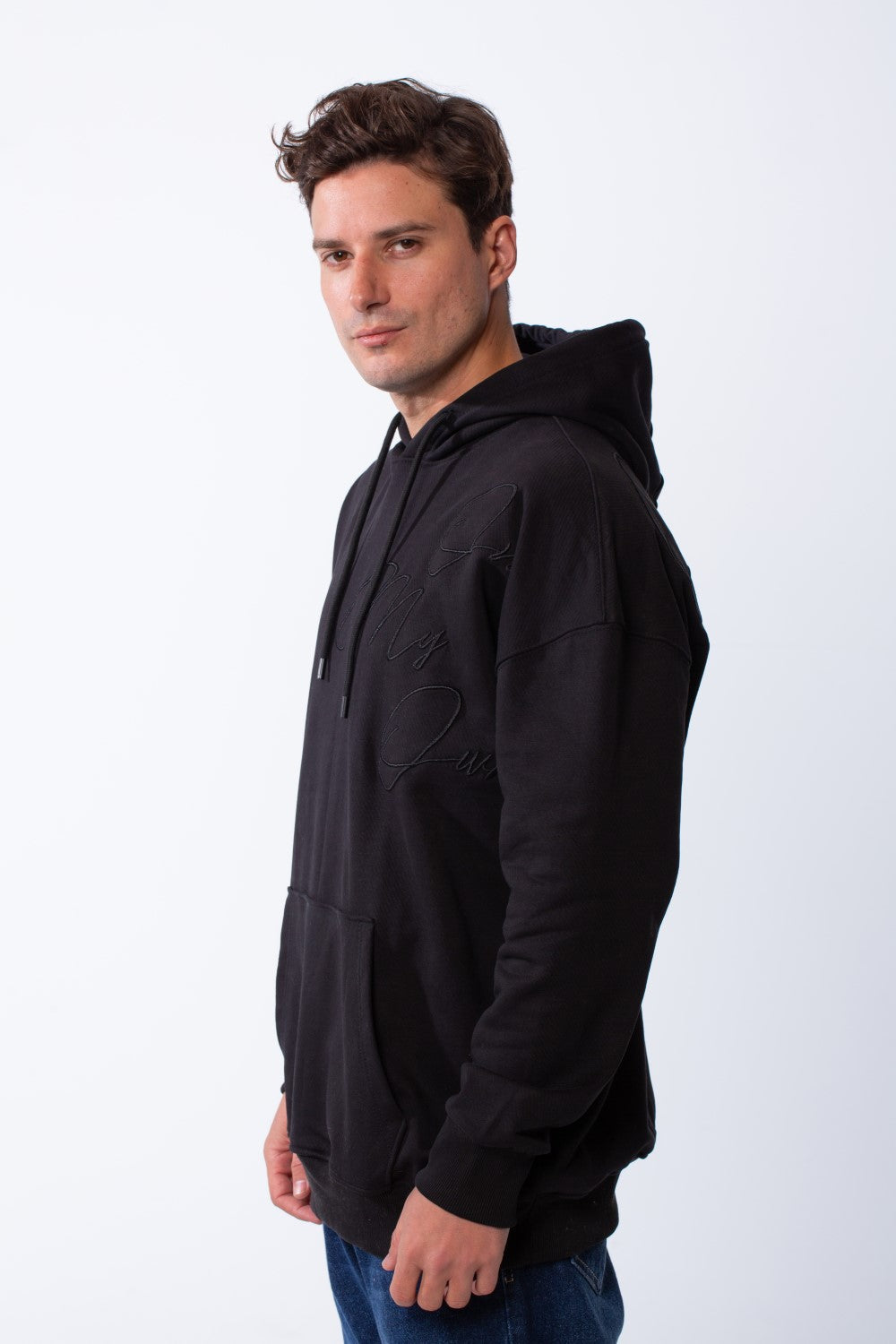 Men's Kangaroo Pockets Long Sleeves With Warp-Around Puff Text Print Comfy Regular Fit Hood Melton Sweatshirt
