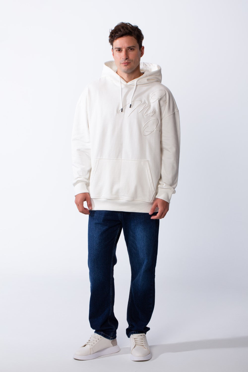 Men's Kangaroo Pockets Long Sleeves With Warp-Around Puff Text Print Comfy Regular Fit Hood Melton Sweatshirt