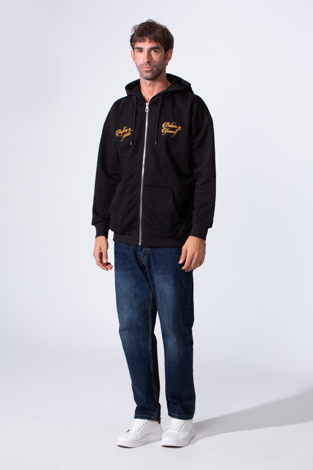 Men's Tomato Store Zip-Up Hooded Jacket With Gold Graphics Kangaroo's Split Pockets