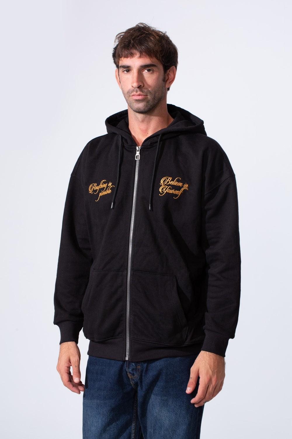 Men's Tomato Store Zip-Up Hooded Jacket With Gold Graphics Kangaroo's Split Pockets