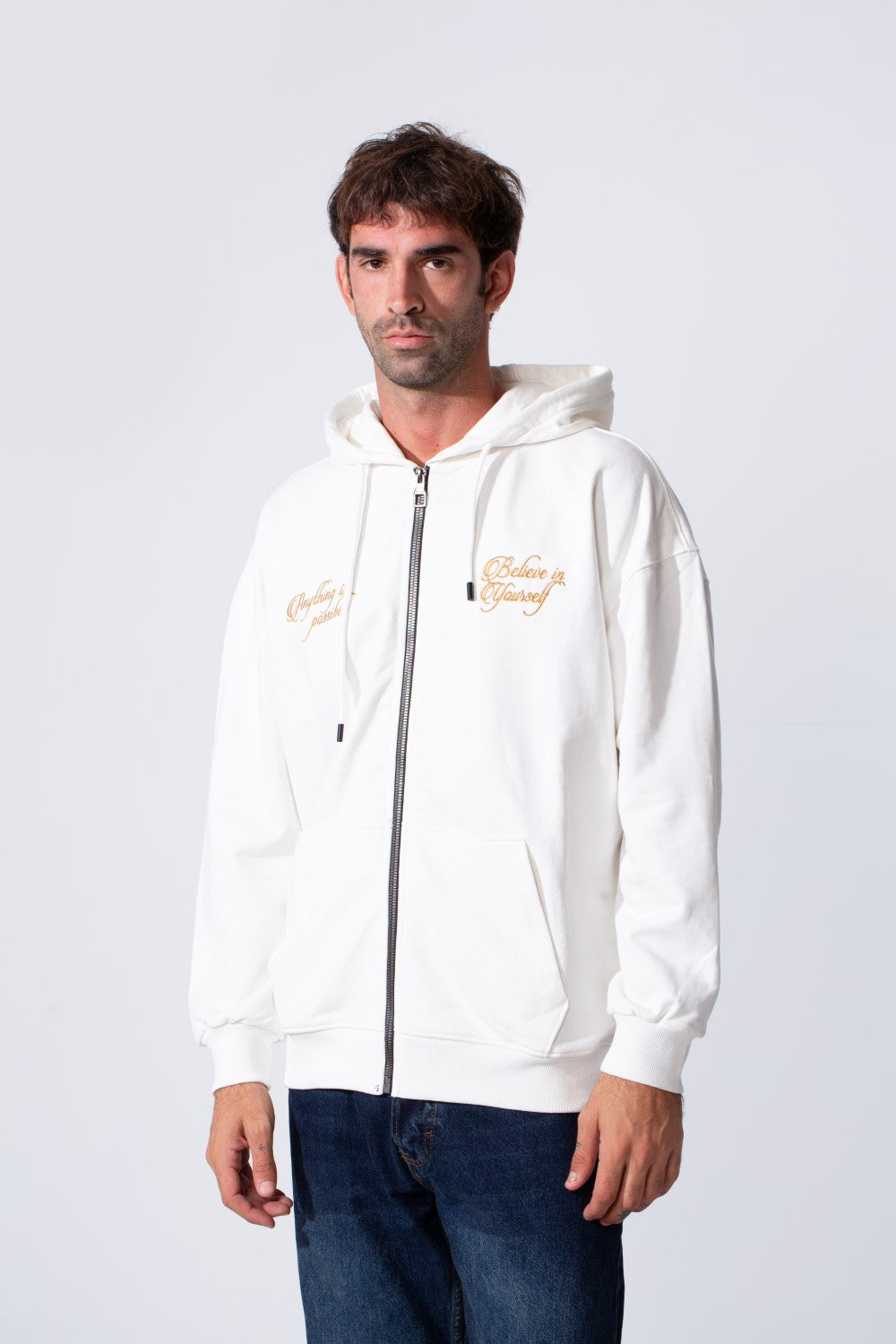 Men's Tomato Store Zip-Up Hooded Jacket With Gold Graphics Kangaroo's Split Pockets