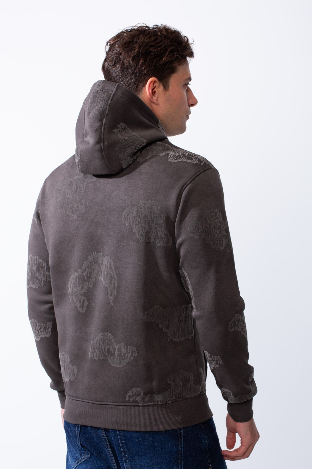 Men's Long Sleeve Kangaroo Pockets With Destressed Print Casual Look Slim Fit Hooded Sweatshirt