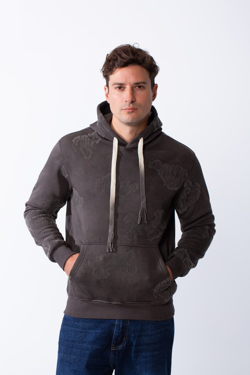 Men's Long Sleeve Kangaroo Pockets With Destressed Print Casual Look Slim Fit Hooded Sweatshirt