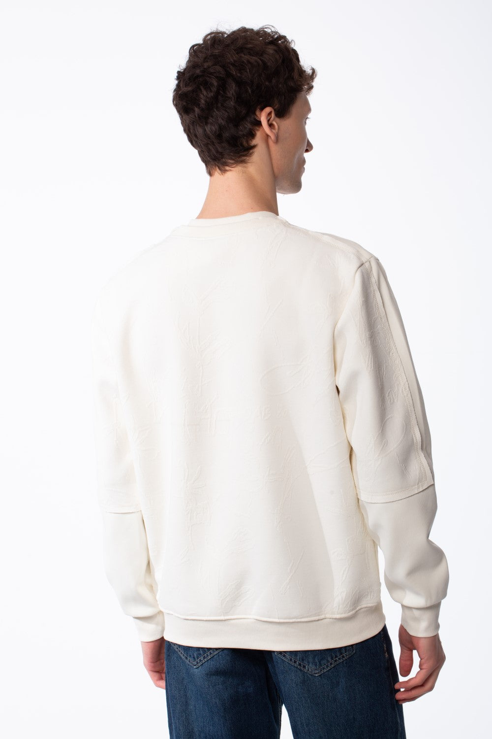 Men's Panelled Crewneck Sweatshirt Tonal Debossed Floral Patterns Overlays Sleeves Ribbed Neckline Cuffs And Hem Streetwear Feel