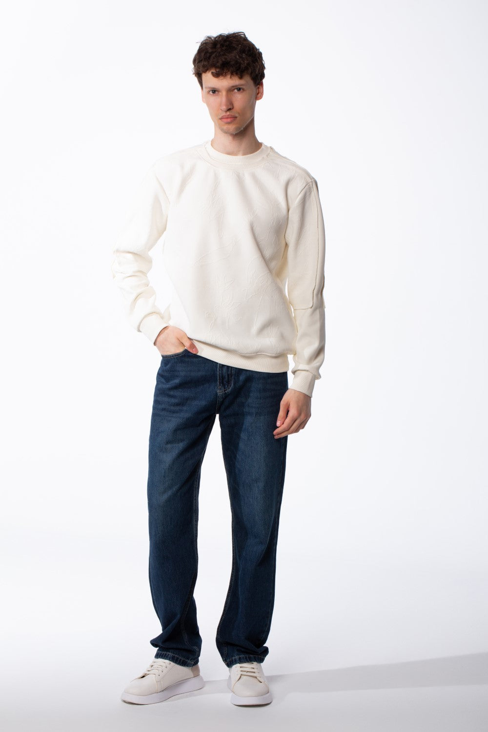 Men's Panelled Crewneck Sweatshirt Tonal Debossed Floral Patterns Overlays Sleeves Ribbed Neckline Cuffs And Hem Streetwear Feel