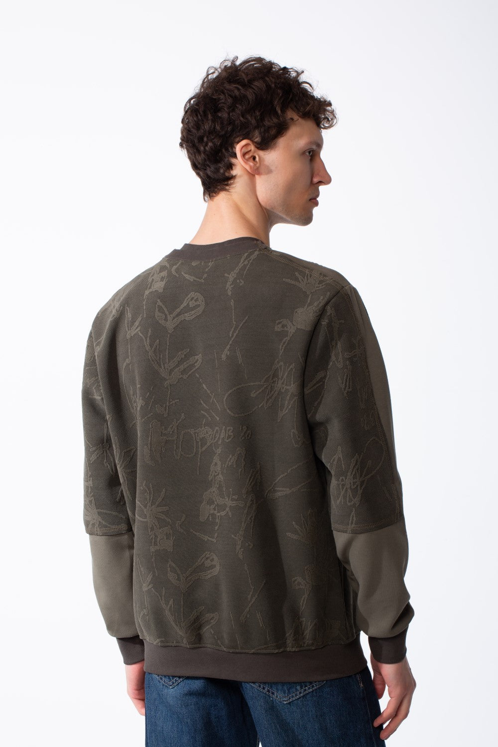 Men's Panelled Crewneck Sweatshirt Tonal Debossed Floral Patterns Overlays Sleeves Ribbed Neckline Cuffs And Hem Streetwear Feel