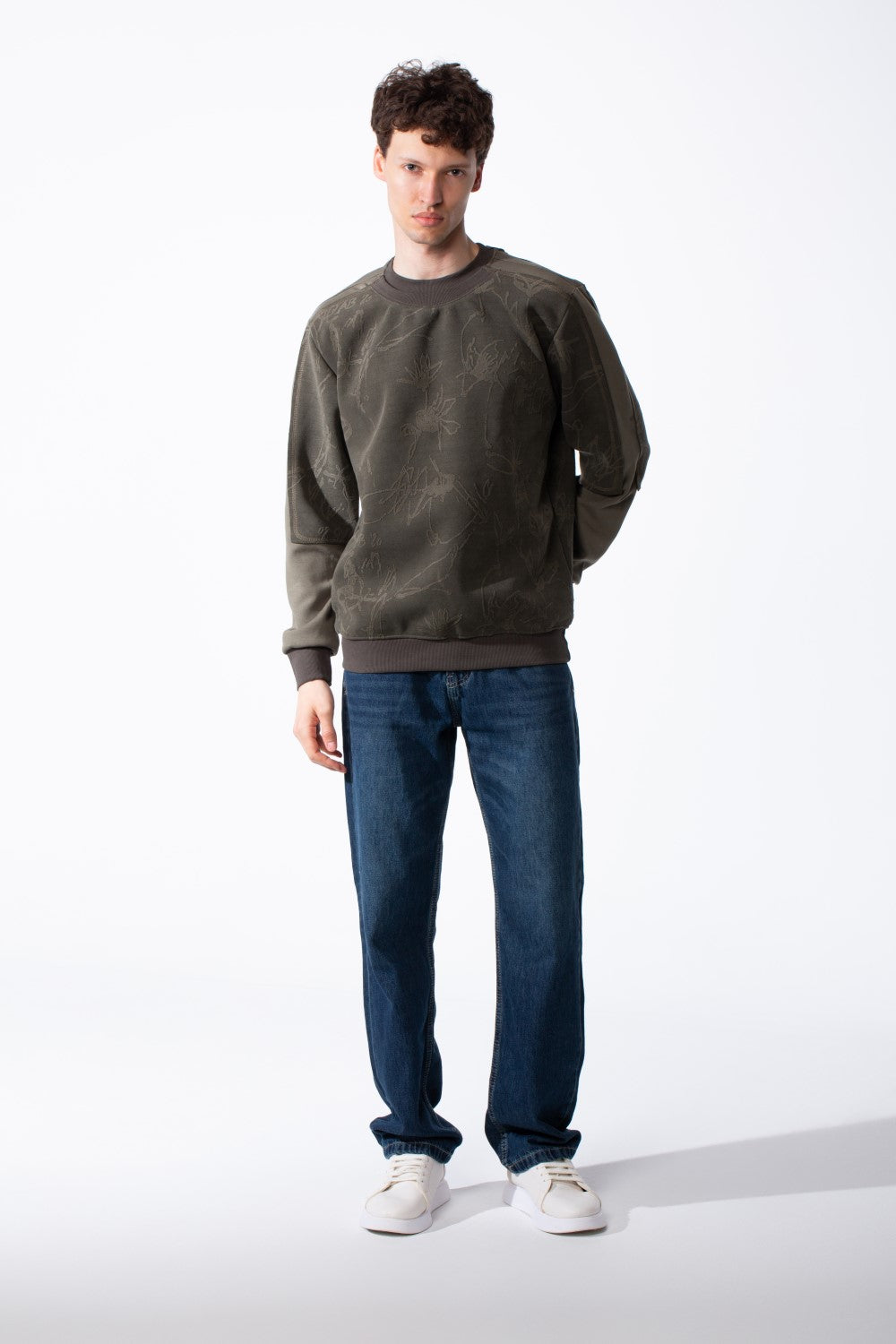 Men's Panelled Crewneck Sweatshirt Tonal Debossed Floral Patterns Overlays Sleeves Ribbed Neckline Cuffs And Hem Streetwear Feel