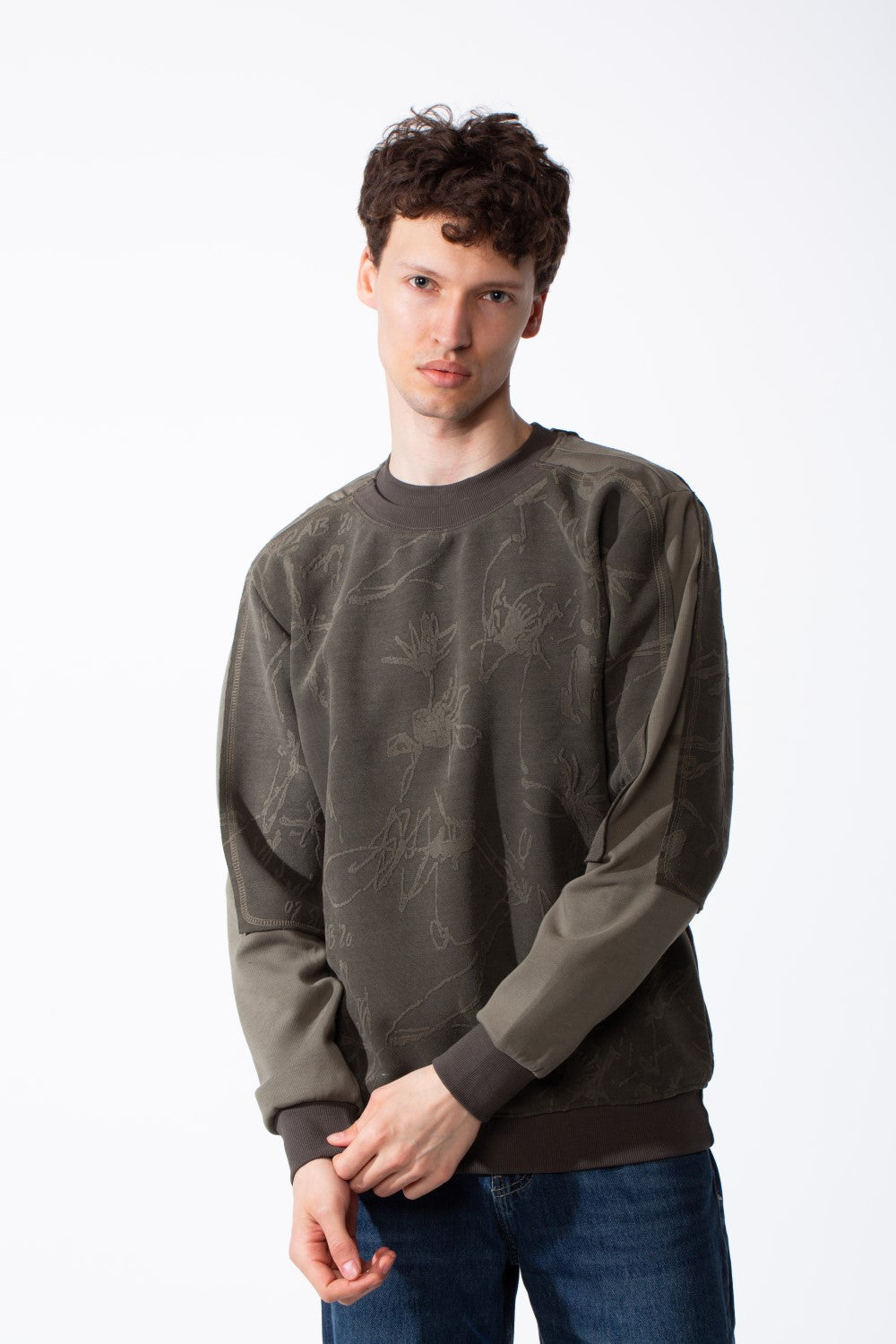 Men's Panelled Crewneck Sweatshirt Tonal Debossed Floral Patterns Overlays Sleeves Ribbed Neckline Cuffs And Hem Streetwear Feel