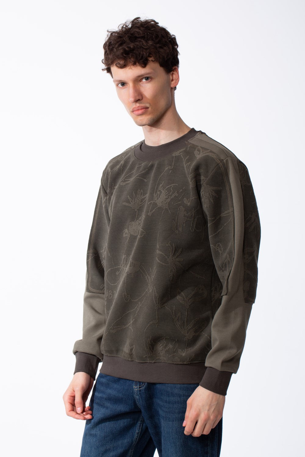Men's Panelled Crewneck Sweatshirt Tonal Debossed Floral Patterns Overlays Sleeves Ribbed Neckline Cuffs And Hem Streetwear Feel