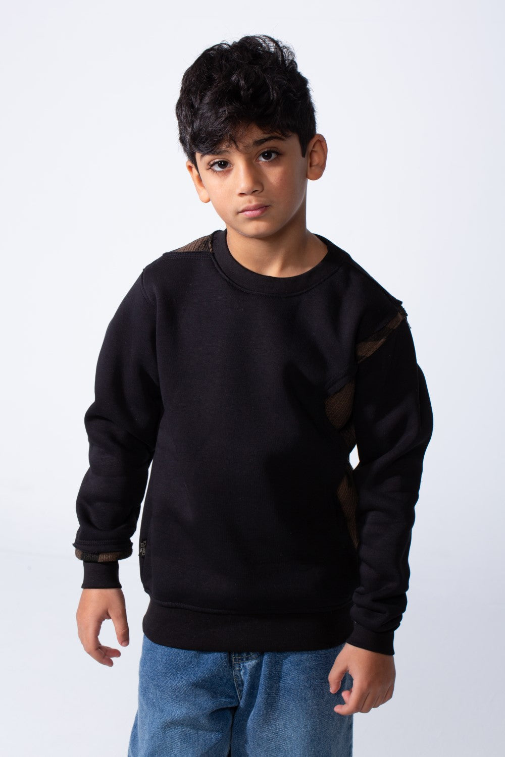 Boy’s Slim Fit Melton Contrast Camo Print Shoulder Detail Crew Neck Sweatshirt