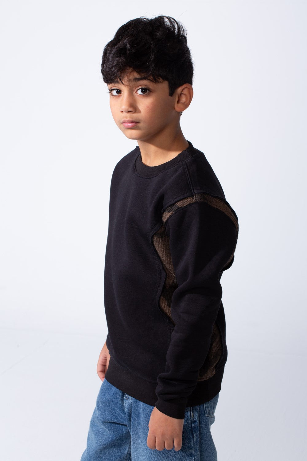 Boy’s Slim Fit Melton Contrast Camo Print Shoulder Detail Crew Neck Sweatshirt